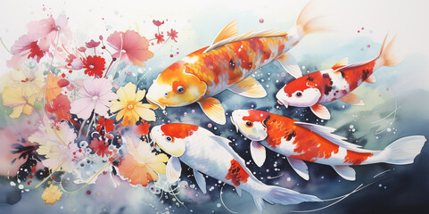 Koi fish wallpaper design. Kohaku type koi fish with water splash