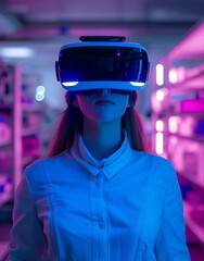 Woman scientist using virtual reality headset. Fictional character. Generative AI technology.