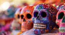 Vibrant And Colorful Candy Skulls Adorned With Beautiful Flowers