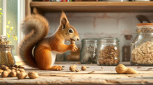 Squirrel Eating Nuts In The Kitchen
