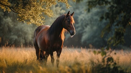 Wall Mural -  a brown horse standing on top of a dry grass field next to a lush green tree filled with lots of leaves.