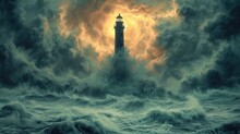 A Lighthouse In The Middle Of A Large Body Of Water With A Sky Full Of Clouds And Sun Behind It.