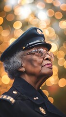 Black old woman wearing American Military uniforms on bokeh background