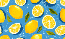 Yellow Lemon Pattern On Blue Background Illustration, Generative AI