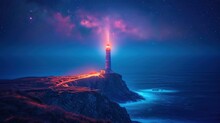  A Lighthouse On A Rocky Outcropping In The Middle Of The Ocean Under A Night Sky Filled With Stars.