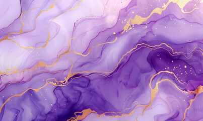 Wall Mural - violet lavender watercolor marble with golden lines background,generative ai