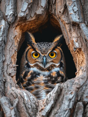 great horned owl looking out of his hole in a tree trunk