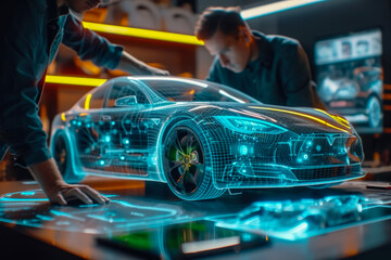 Automotive engineer working using AI system production on electric car, Engineering smart EV car design, Futuristic electric vehicles