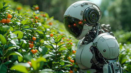 Poster - Toy robot in the botanical garden, concept of robotic farmers and automatic growing of food vegetables