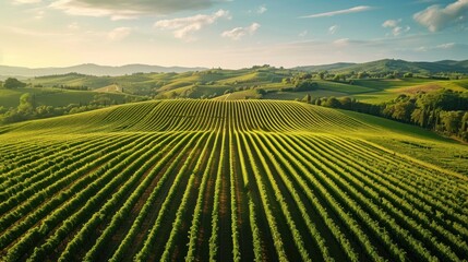 Wall Mural -  an aerial view of a vineyard in a green valley with rolling hills in the distance and a blue sky with wispy clouds.