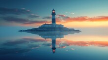  A Lighthouse Sitting On Top Of A Small Island In The Middle Of A Body Of Water With A Sunset In The Background.