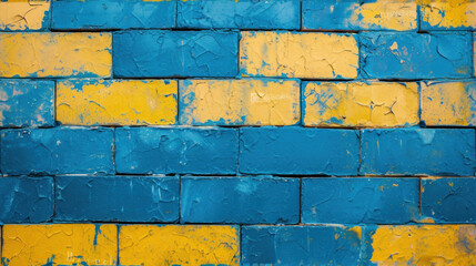 Wall Mural -  a close up of a blue and yellow brick wall with yellow and blue paint peeling off of it's sides.