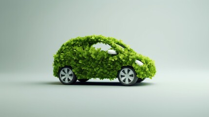 Wall Mural - Conceptual eco-friendly car covered in lush green leaves, representing sustainable and green transportation.