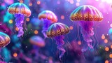 Fototapeta Uliczki -  a group of jellyfish floating on top of a lush green and purple sea filled with lots of small white dots.