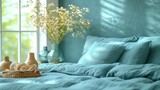 Fototapeta Do akwarium -  a bed with a blue comforter and two vases with baby's breath in front of a window.