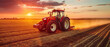 Modern tractor plowing farmland during a vibrant sunset. Generative AI.