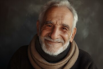 Wall Mural - Close-up of a mature older man's face with a happy smile. calm faded tone studio backdrop. generative AI