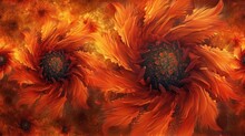  A Close Up Of Two Orange Sunflowers In The Middle Of A Fire And Smoke Filled Sky With A Black Center.
