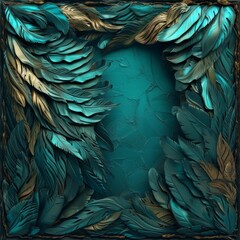  Metallic Edges in Epic Fantasy Scenes with Detailed Feather rendering in Dark Turquoise and Dark Gold - Spectacular Metal Fantasy Feather Backdrop created with Generative AI Technology