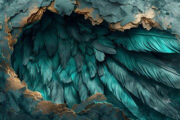  Metallic Edges in Epic Fantasy Scenes with Detailed Feather rendering in Dark Turquoise and Dark Gold - Spectacular Metal Fantasy Feather Backdrop created with Generative AI Technology
