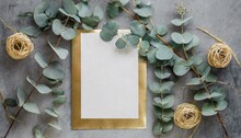Elegant Foliage: Gold Leaves And Eucalyptus Invitation Mockup