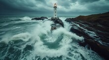  A Lighthouse On A Rocky Outcropping In The Middle Of A Body Of Water Under A Cloudy Sky.