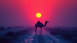 a camel walking down a dirt road in the middle of the desert at sunset with the sun in the background.