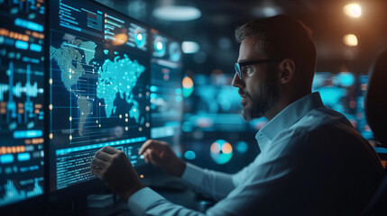 person typing on a screen,Data science, business intelligence. Business man using computer devices with internet global network technology and big data, cloud computing, AI software development