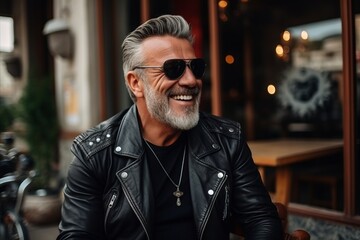 Portrait of a happy senior man wearing sunglasses and leather jacket sitting in a cafe.