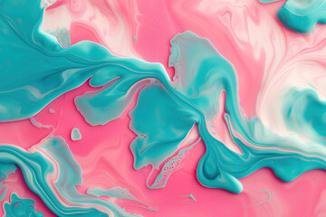 Poster - Minimalist pink and teal liquid ink swirl abstract background. Ravishing turbulence wavy pattern. Background image. Created with Generative AI technology