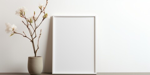 Wall Mural - In this clean and simple setup, a small white frame blank mockup for customization rests against a white wall on the floor, accompanied by a white flower pot.