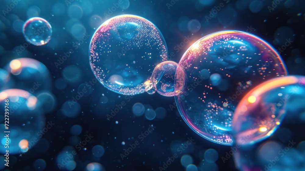 soap bubbles floating in the air on a dark blue background with boke of ...