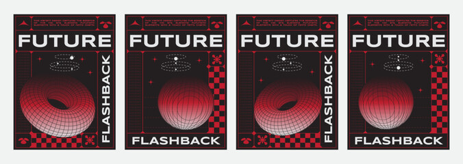 Poster - Y2k techno vibe banners set with geometric design elements. Vector realistic illustration of retrowave aesthetic posters, red wireframe torus, globe on black background, retro futuristic vibe flyers