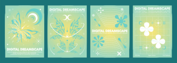 Poster - y2k aesthetic poster design with abstract simple shape and tribal butterfly ornament on pastel green