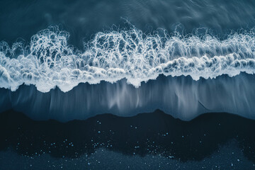 Poster - Aerial view of waves crashing on a black sand beach in Iceland. Background image. Created with Generative AI technology