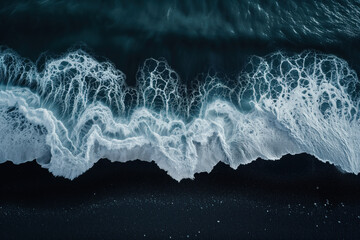 Poster - Aerial view of waves crashing on a black sand beach in Iceland. Background image. Created with Generative AI technology