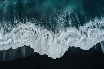 Wall Mural - Aerial view of waves crashing on a black sand beach in Iceland. Background image. Created with Generative AI technology