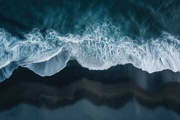 Poster - Aerial view of waves crashing on a black sand beach in Iceland. Background image. Created with Generative AI technology