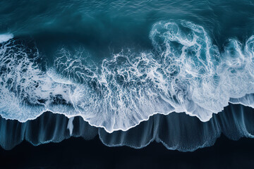 Poster - Aerial view of waves crashing on a black sand beach in Iceland. Background image. Created with Generative AI technology