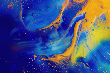 Poster - Abstract background with bright blue and yellow artistic macro paint particles spreading in slow motion. Vivivd colors. Background image. Created with Generative AI technology