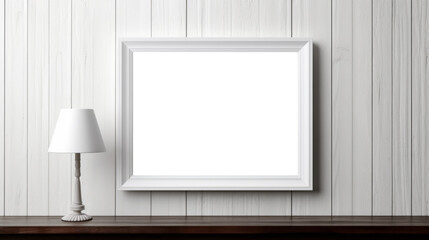 Empty picture frame on paneled wall, white transparent inside, PNG