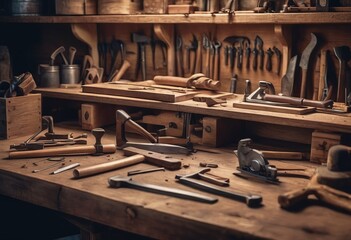 Worn old wooden table and workshop interior. Retro vintage photo of background and mockup. Sun light and dark shadows.