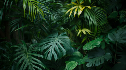  Dense tropical leaves in a lush setting.
