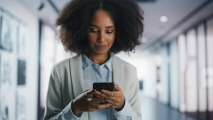 Poster - Cheerful Black Girl Using Mobile Phone to Message People on Social Media. Close Up Focus Switching from Hands to Face. Stylish Young Female Connecting with Friends and Business Partners Online