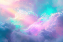 An Abstract Background With  Holographic Rainbow Iridescent Unicorn Pastel Purple Pink Teal Blue Colors. Lens Light Leaks Flash. Background Image. Created With Generative AI Technology