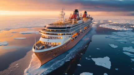 A modern, white cruise ship sails the Arctic Ocean, among ice floes and asbergs. Travel and vacation. En route.