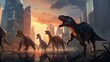 illustration dinosaurs meeting the modern era, with prehistoric creatures walking among towering skyscrapers background.