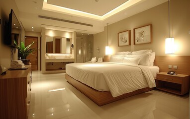 Wall Mural - Elegant modern bedroom interior with warm lighting, plush bed, and stylish decor.