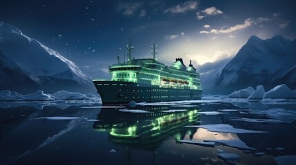 Wall Mural - A modern, white cruise ship sails the Arctic Ocean, among ice floes and asbergs. Travel and vacation. En route, northern lights