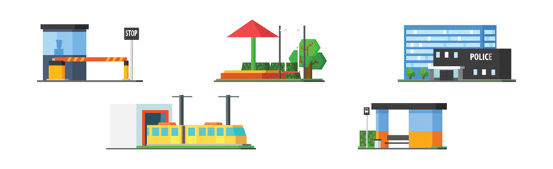 Sticker - City Landscape Element with Playground, Tram, Police Station and Bus Stop Vector Set